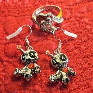 Halloween Ring + Earrings: NBC Love Ring + Voodoo Doll Earrings Rhinestone Heart